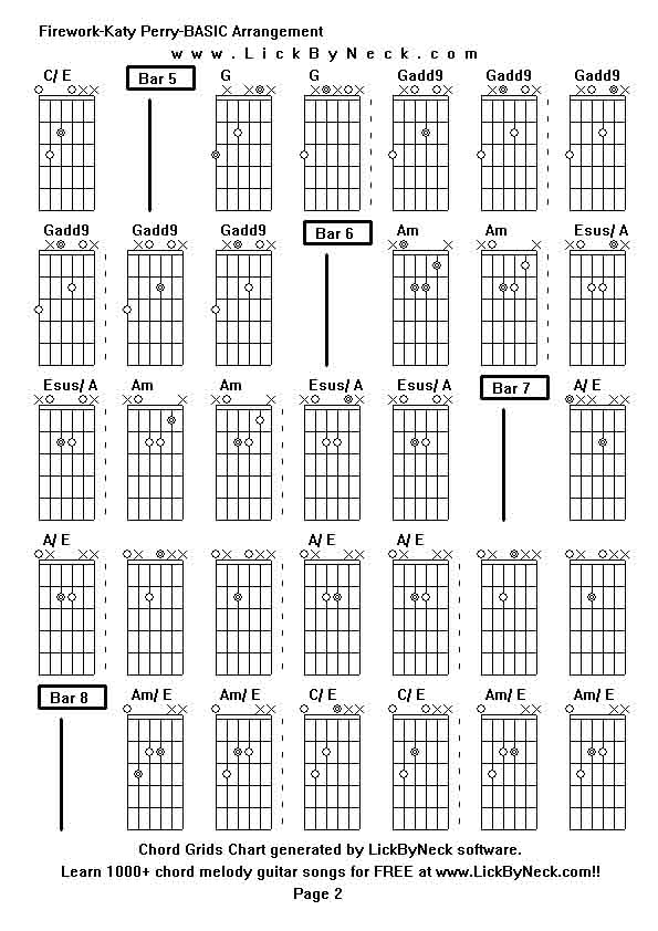 Chord Grids Chart of chord melody fingerstyle guitar song-Firework-Katy Perry-BASIC Arrangement,generated by LickByNeck software.